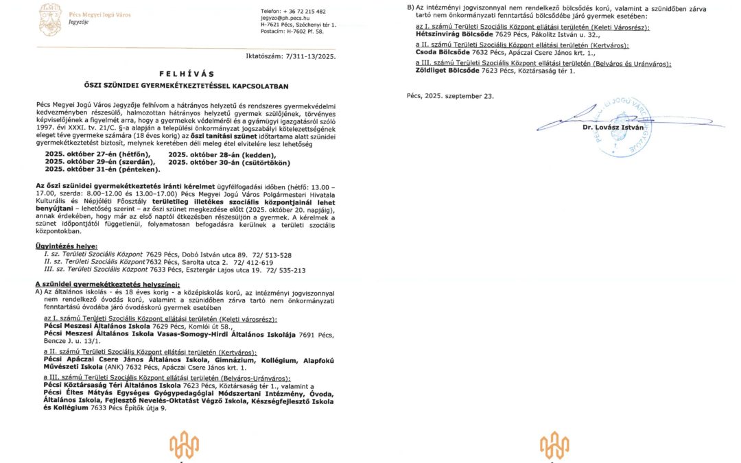 Őszi szünidei gyermekétkeztetés